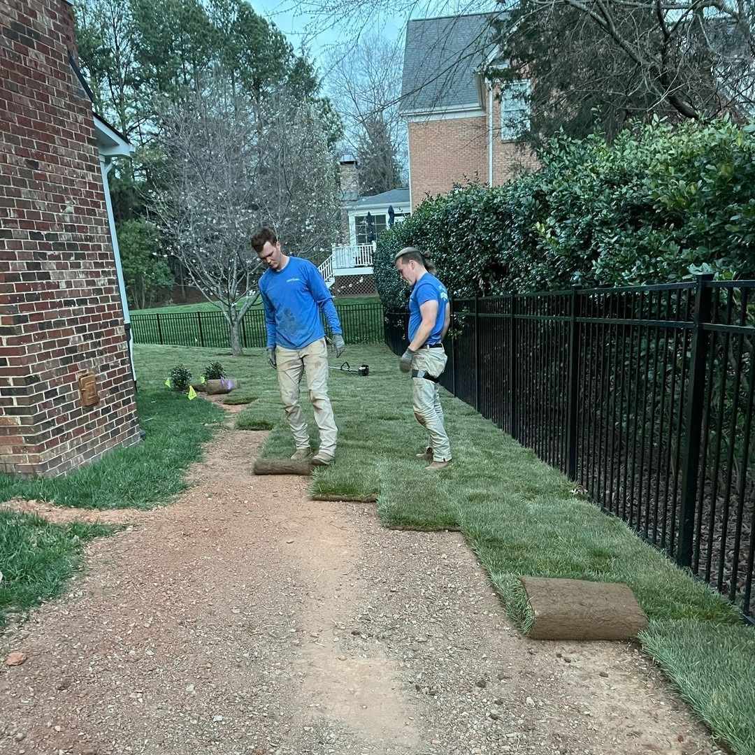 Two men laying sod in a backyard along a fence. Dirt path and brick wall on either side.