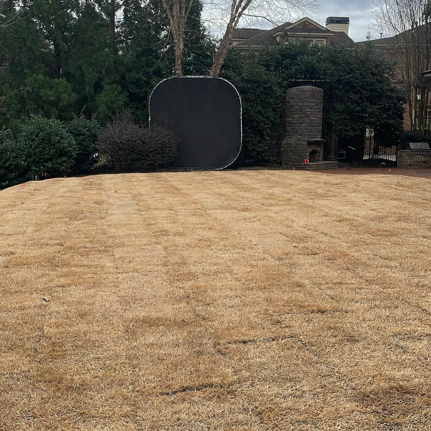 A brown lawn with a large black square and brick structure, surrounded by green bushes and trees.