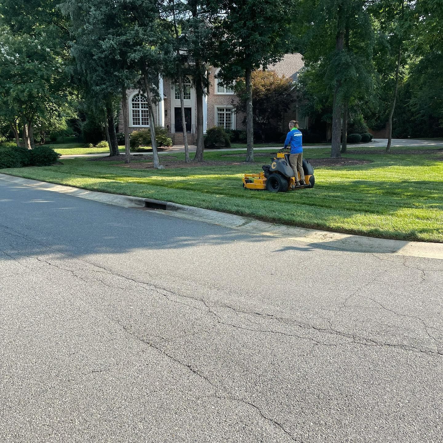 Person mowing grass with a yellow riding mower on a residential lawn next to a road.