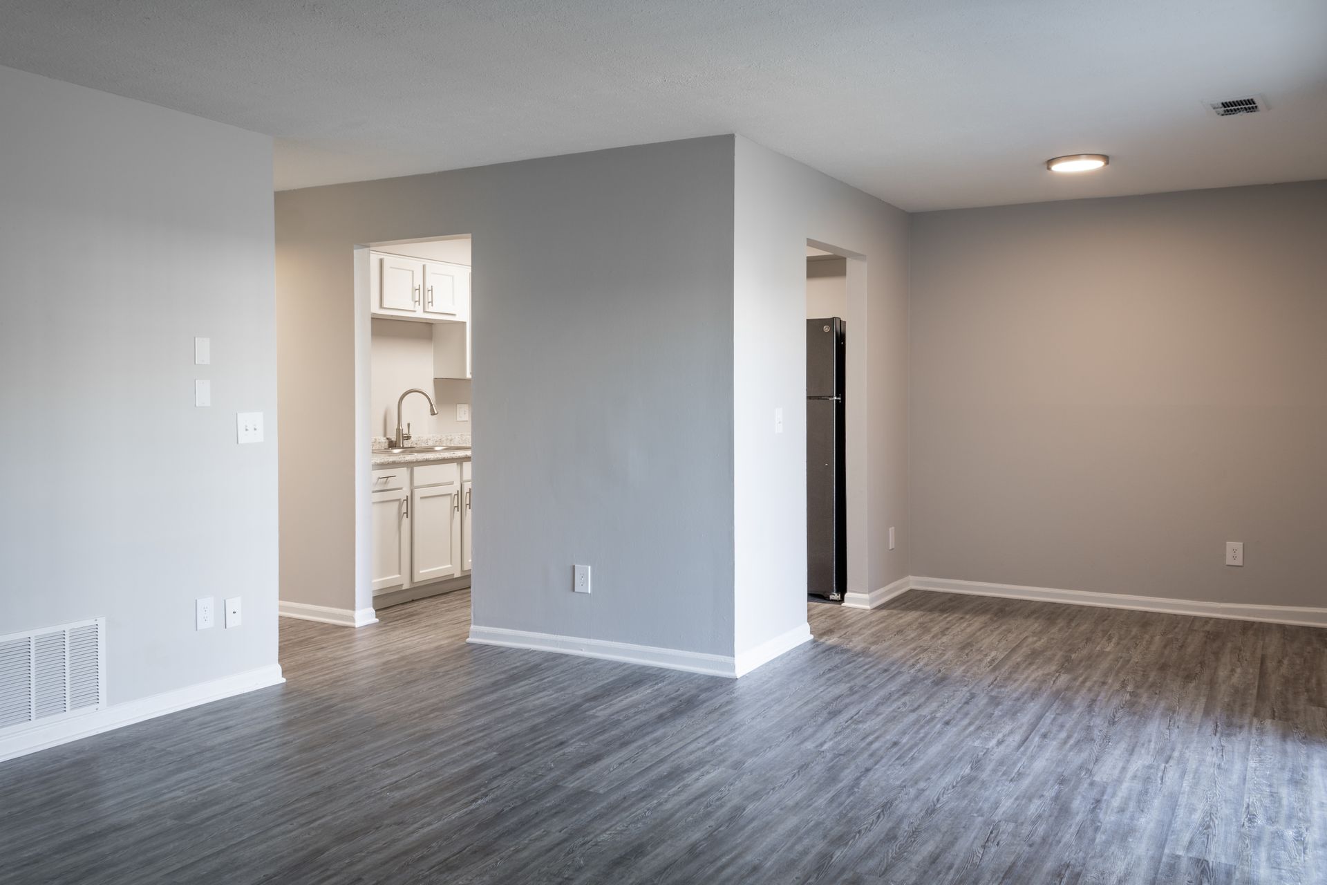 living room with view of kitchen