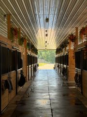 A long hallway filled with horse stables and flowers.