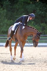 A woman is riding a brown horse in a dirt arena.