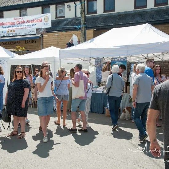 People browse stalls at an outdoor festival. White tents cast shadows on the street.