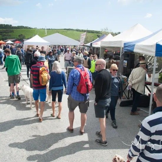 People browse stalls at an outdoor market on a sunny day. White tents, food, and goods are on display.
