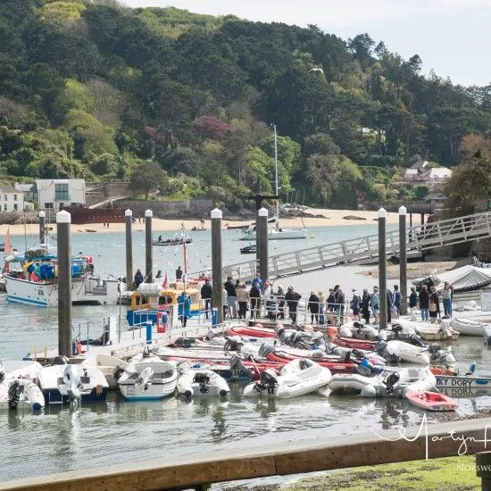 Harbor with boats docked, people on a pier, trees and beach in the background. Sunny day.
