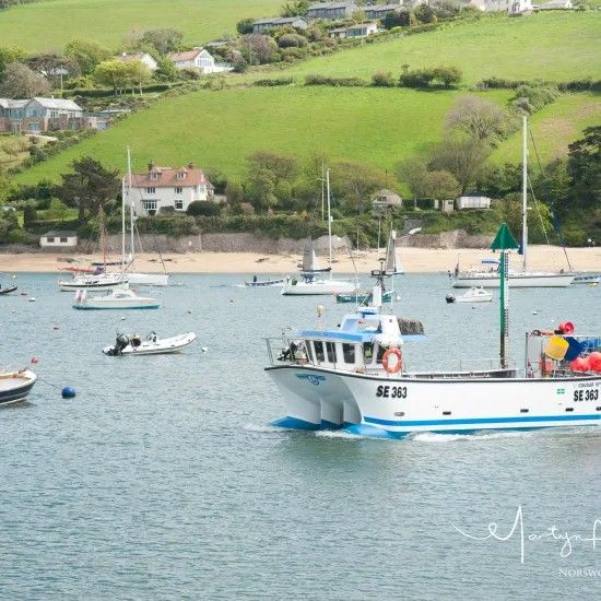 A white boat sails on blue water, with a green hillside and scattered boats in the background.