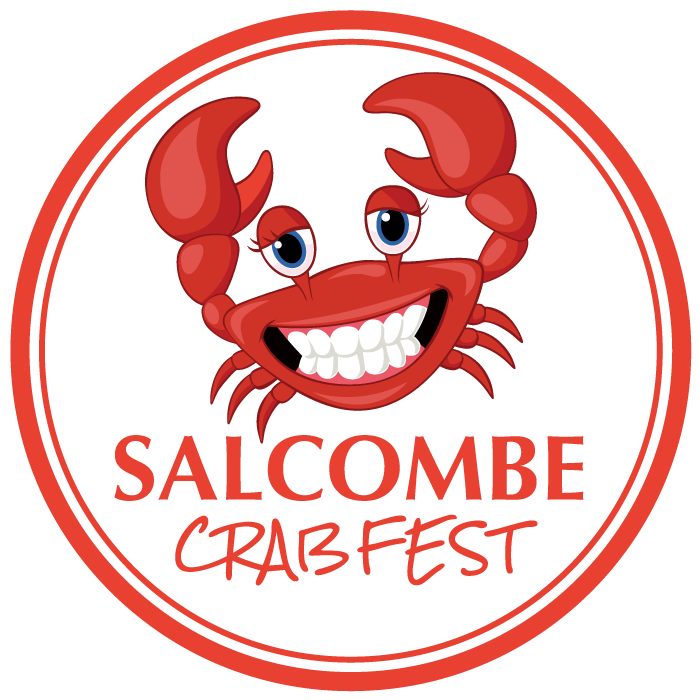 Smiling red cartoon crab, Salcombe Crab Fest logo, enclosed in a red circle.