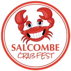 Smiling red cartoon crab, Salcombe Crab Fest logo, enclosed in a red circle.
