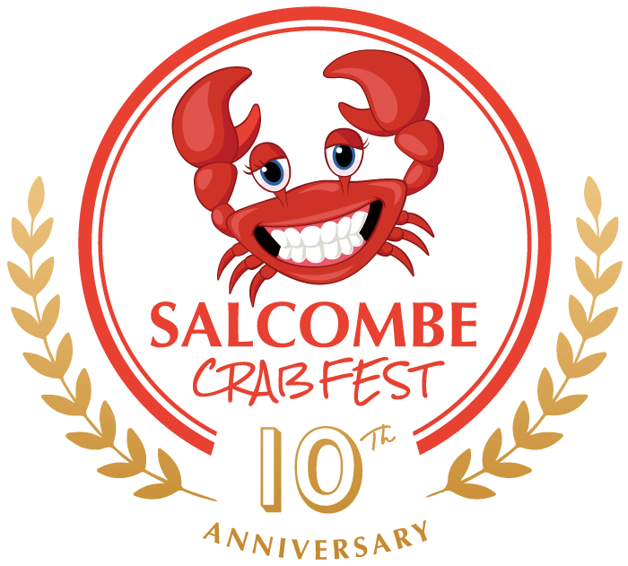 Red cartoon crab with a big smile, circle logo for 