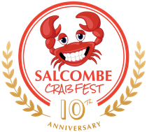 Red cartoon crab with a big smile, circle logo for 