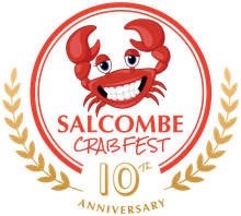 Red cartoon crab with a big smile, circle logo for