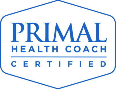 A blue and white logo for primal health coach certified