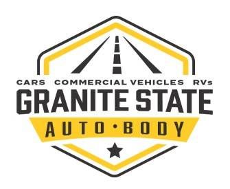 Logo for Granite State Auto Body: Black and yellow hexagon with a road design and business name.