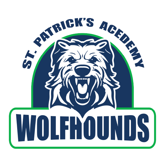 A logo for st. patrick 's academy wolfhounds shows a wolf with its mouth open