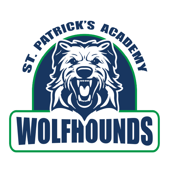 A logo for st. patrick 's academy wolfhounds shows a wolf with its mouth open