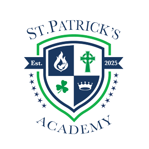 The logo for st. patrick 's academy has a shield with a cross , shamrock , and crown on it.