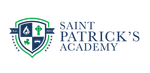 A logo for saint patrick 's academy with a shield and shamrocks on it.