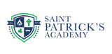 A logo for saint patrick 's academy with a shield and shamrocks on it.