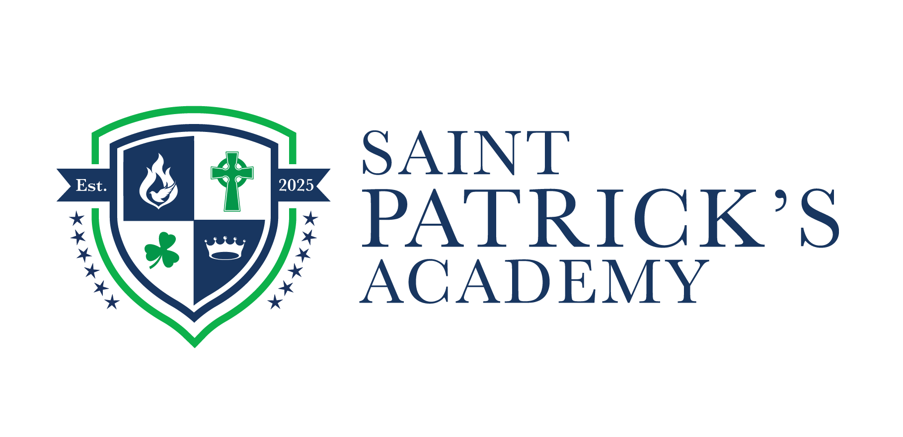 A logo for saint patrick 's academy with a shield and shamrocks on it.