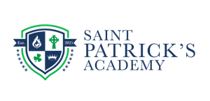 Saint Patrick's Academy logo: a shield with symbols and text, in blue and green.