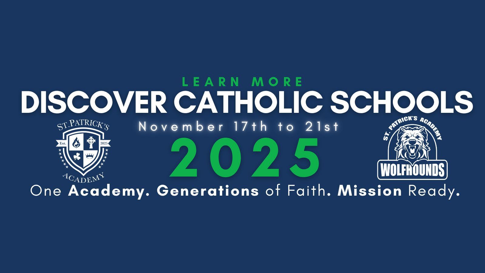 Discover Catholic Schools event banner, Nov. 17th-21st, 2025, on blue. Features school logos, 