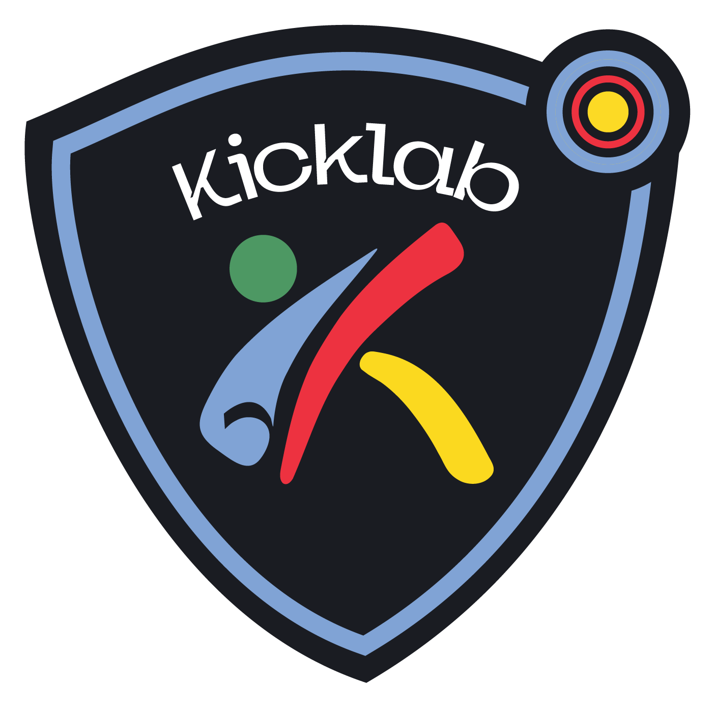 Logo for Kicklab, a shield with a stylized figure, colors: blue, red, yellow, green, and a target in the upper right corner.
