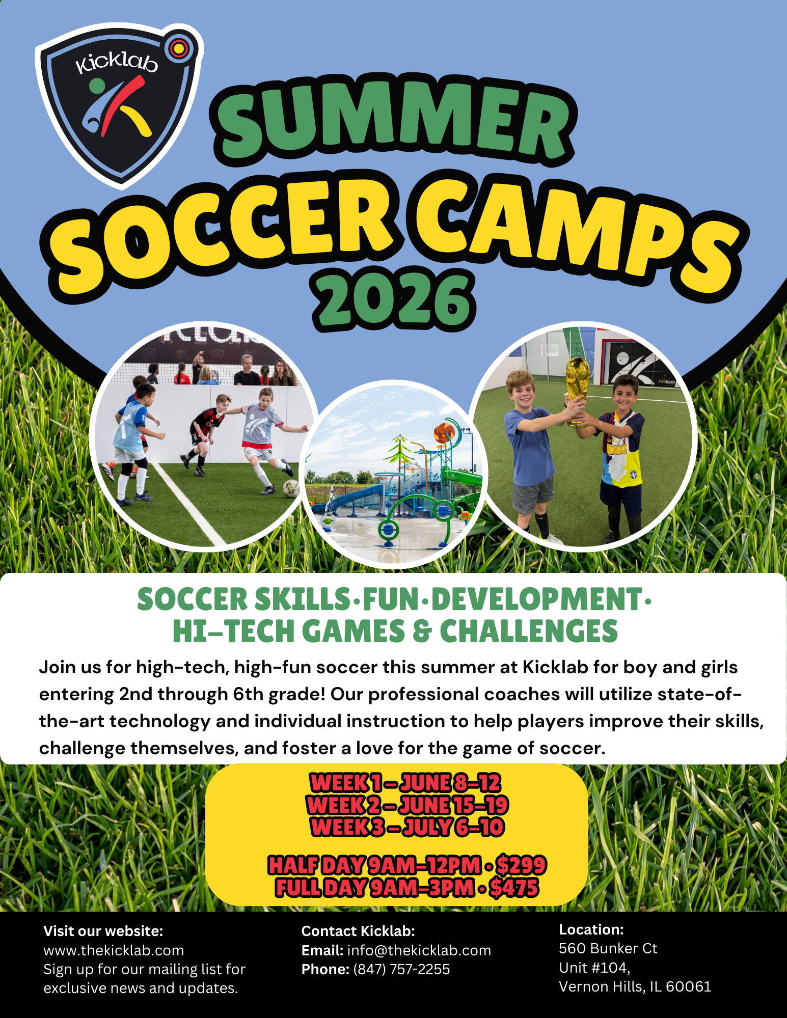 Summer soccer camp flyer with photos, dates, and camp details for boys and girls in 3rd through 6th grade.