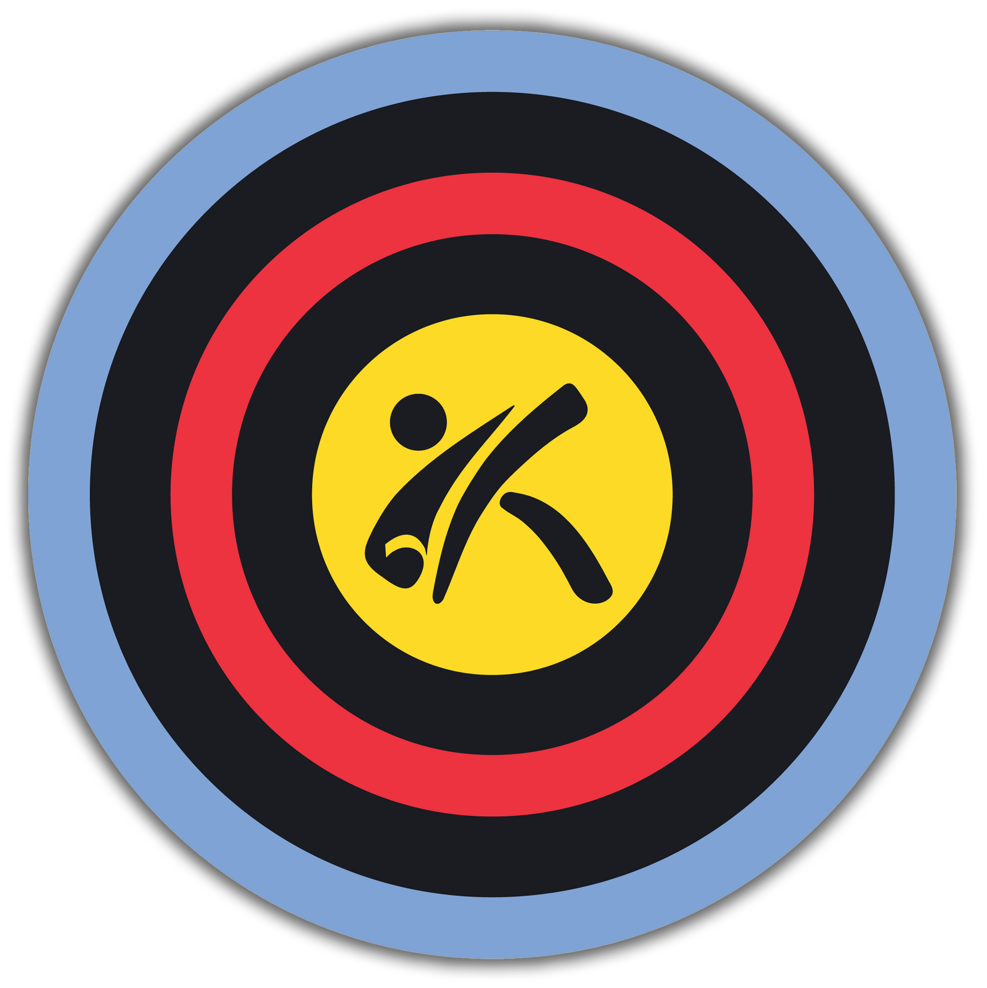 A target with a yellow circle with the letter k in it