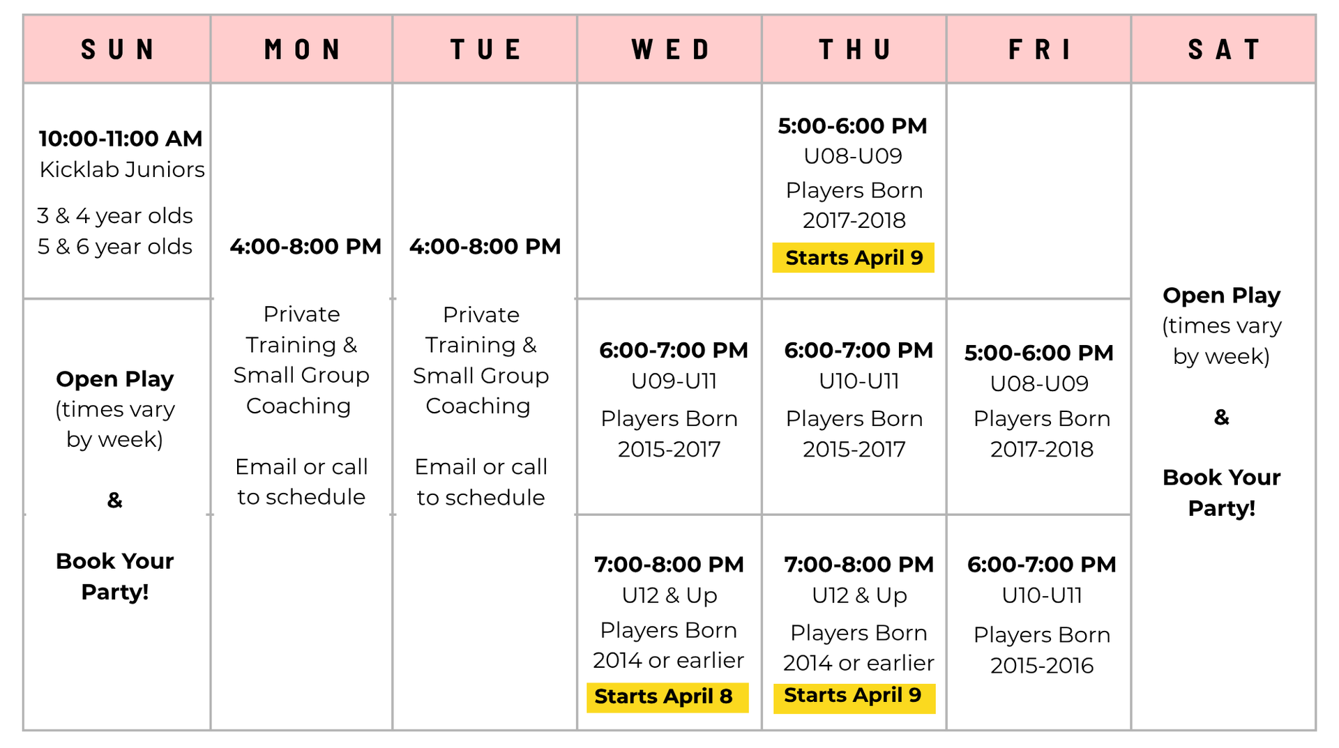 Calendar with sports events, times, and player age groups.