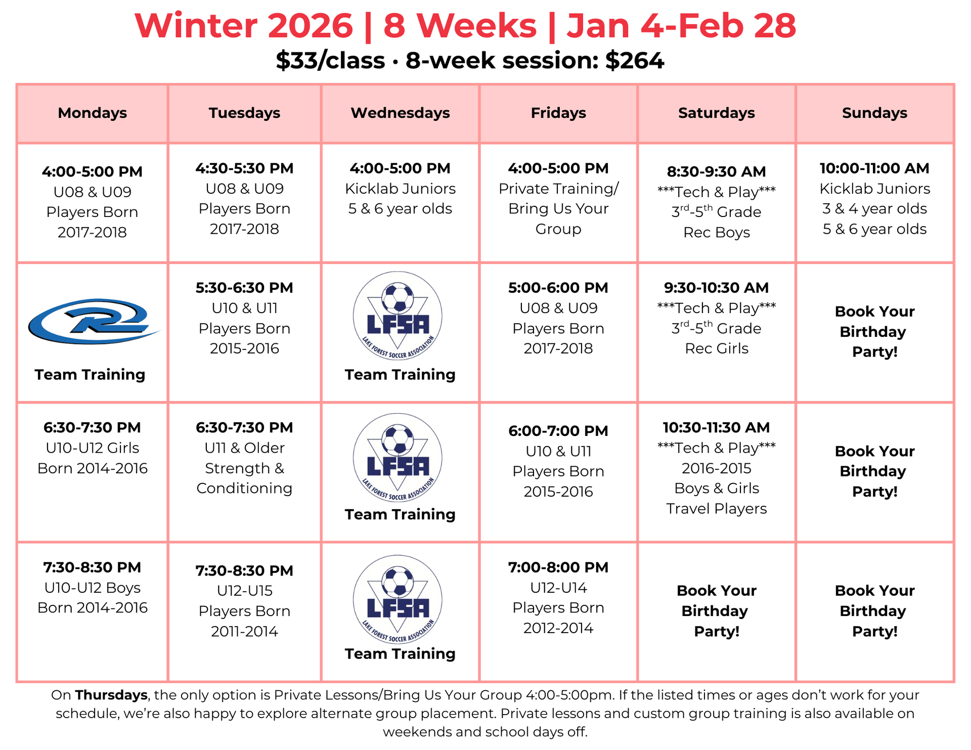 Winter 2026 youth sports schedule, January 4-February 28, includes class times, training, and birthday parties.
