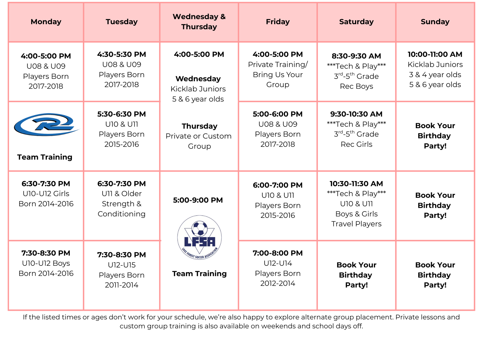 Swim training schedule with times and group names.