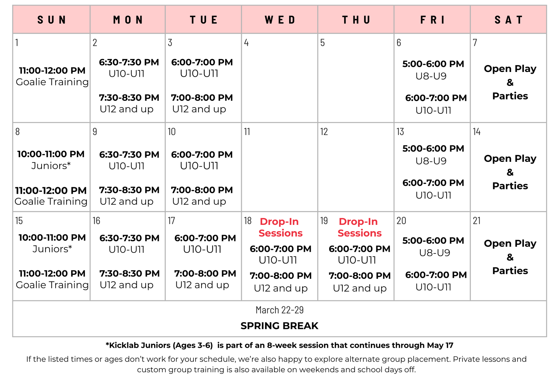Calendar with pink headings showing sports training sessions and open playtimes, with a spring break section.
