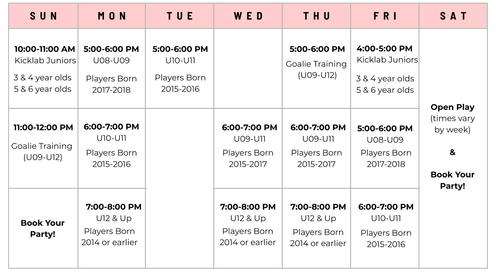 Calendar with sports events, times, and player age groups.