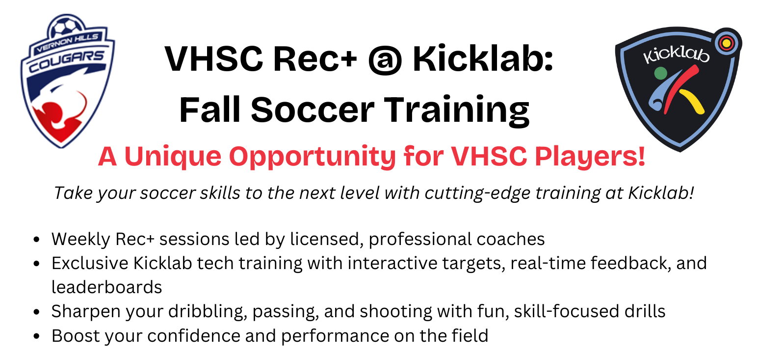 Flyer for VHSC Rec+ Fall Soccer Training at Kicklab. Offers training with licensed coaches, interactive targets, and skill-focused drills.