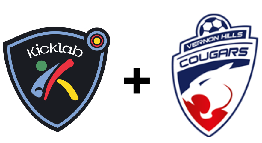 Kicklab and Vernon Hills Cougars soccer team logos placed side-by-side with a plus sign in between.