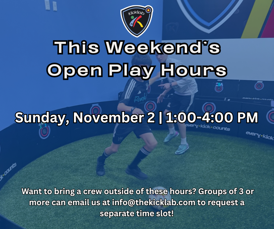 Two boys playing soccer indoors, message says closed October 25-26 for private events.