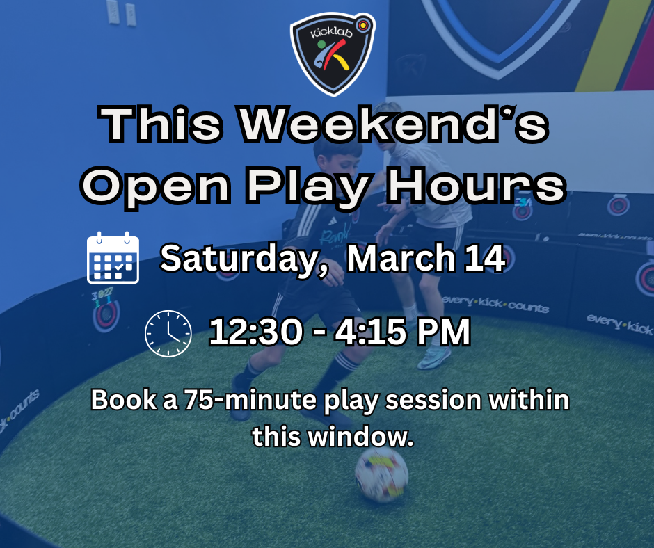 Flyer for open play hours at a soccer facility. Dates and times are listed; registration is required. Contact info is included.
