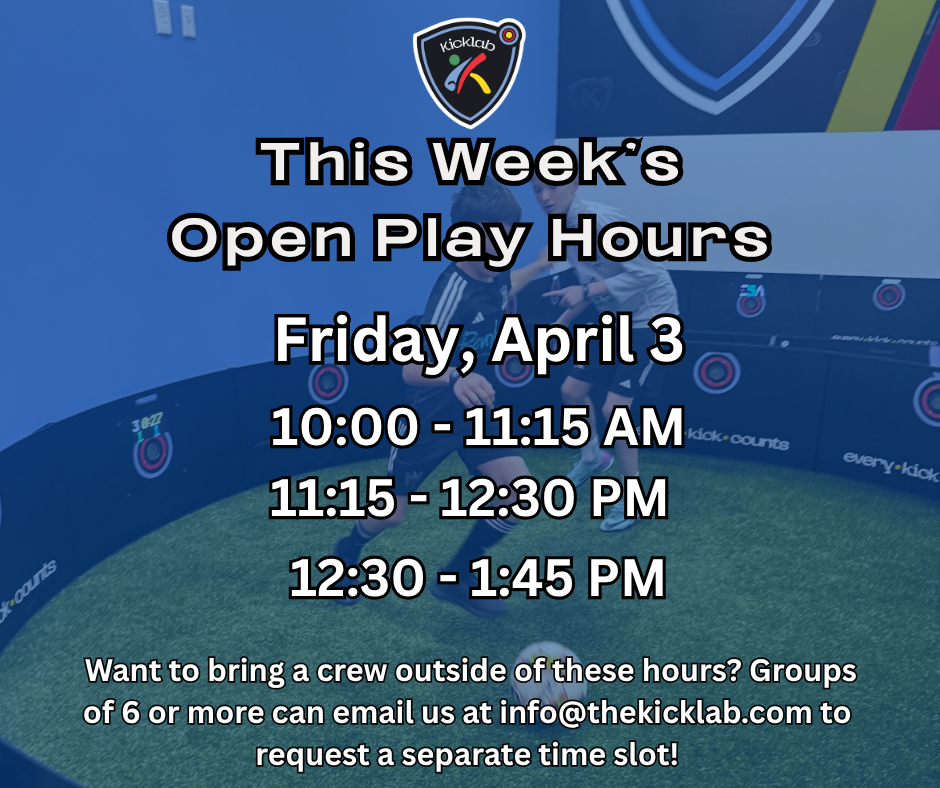Flyer for open play hours at a soccer facility. Dates and times are listed; registration is required. Contact info is included.