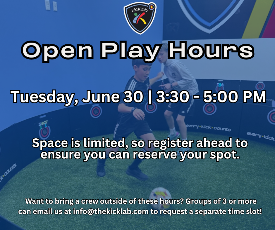 Poster for weekly open play hours, Friday April 3, with three time slots listed on a blue sports background