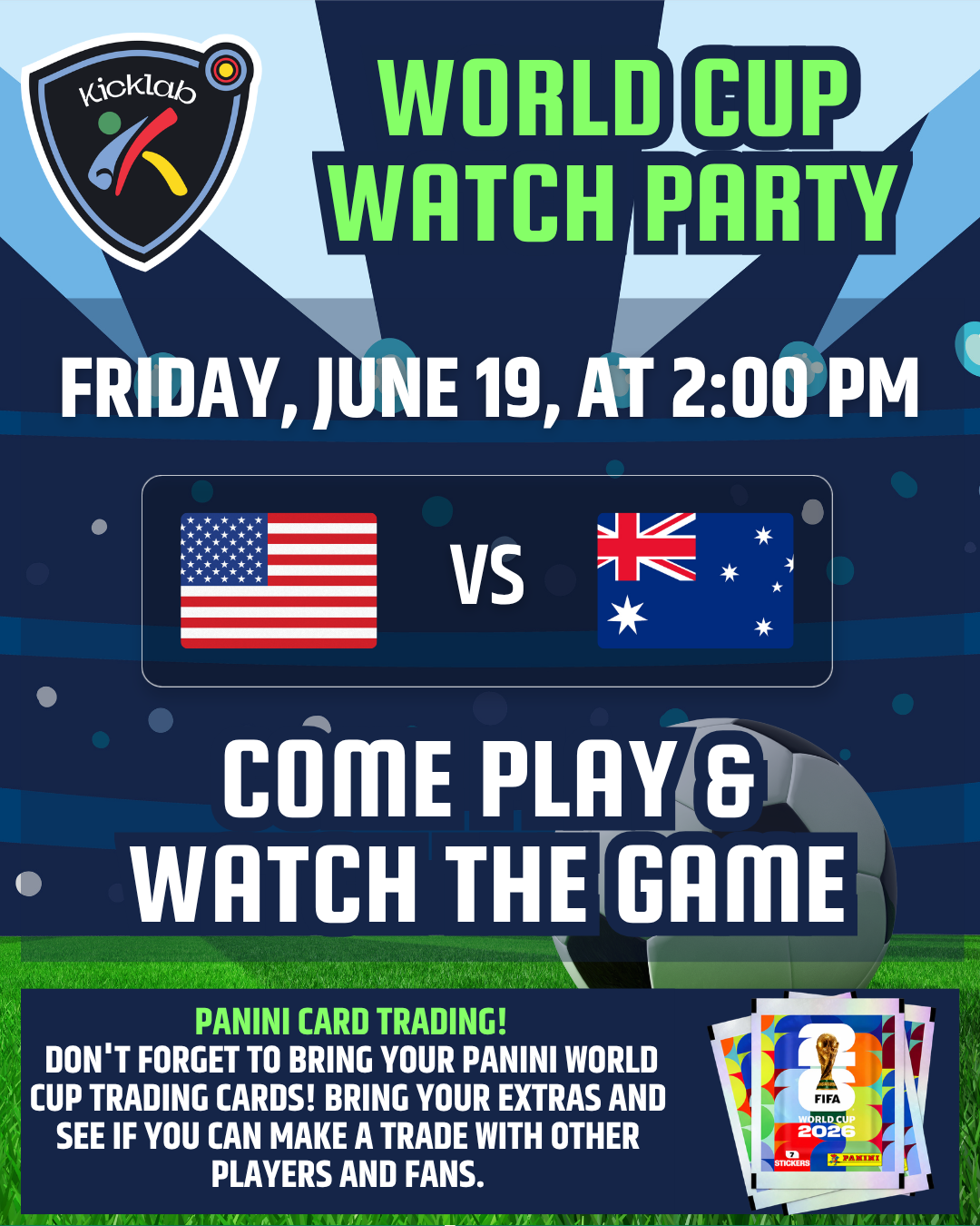 Champions League final watch party poster for PSG vs Arsenal, Saturday May 30, 11 am–1 pm; open play, food and drinks.