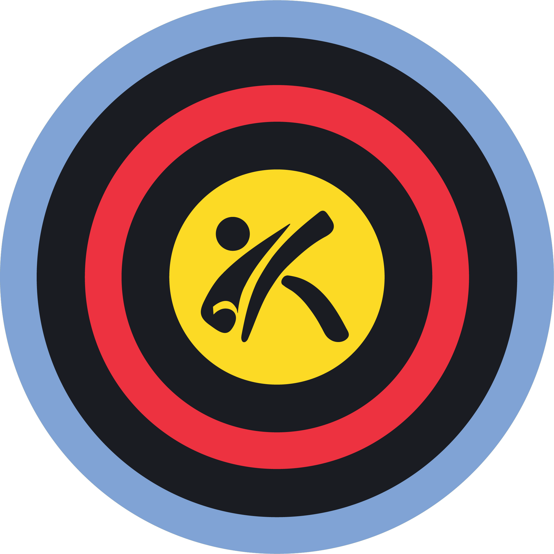Target with concentric black, red, and yellow circles; a yellow center contains a stylized figure performing a martial arts kick, with a light blue border.