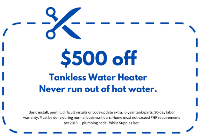 Coupon for $500 off a tankless water heater. Features scissors graphic and text: 