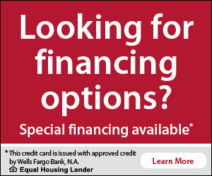 Advertisement for Wells Fargo credit card: Red background, white text asking about financing options, “Special financing available”, and a