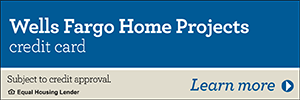 Wells Fargo Home Projects credit card ad with blue and beige color scheme. 