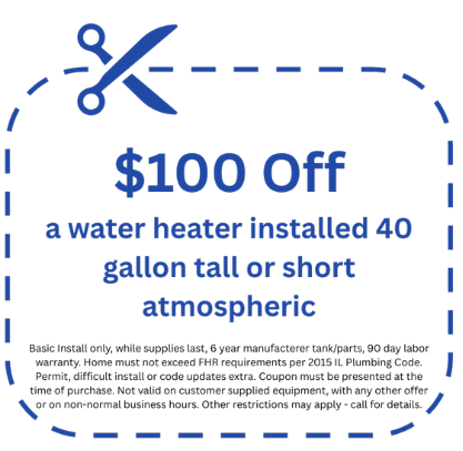 Coupon: $100 off a 40-gallon water heater. Features scissors graphic and details regarding installation and restrictions.