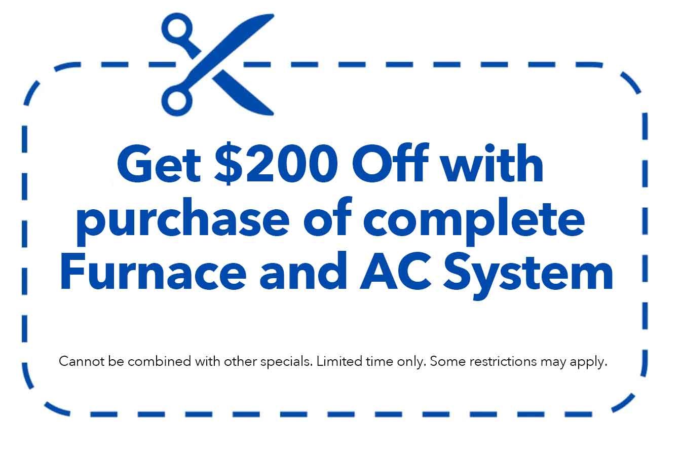 Coupon: Get $200 off a new furnace and AC system. Blue scissors and dotted border.