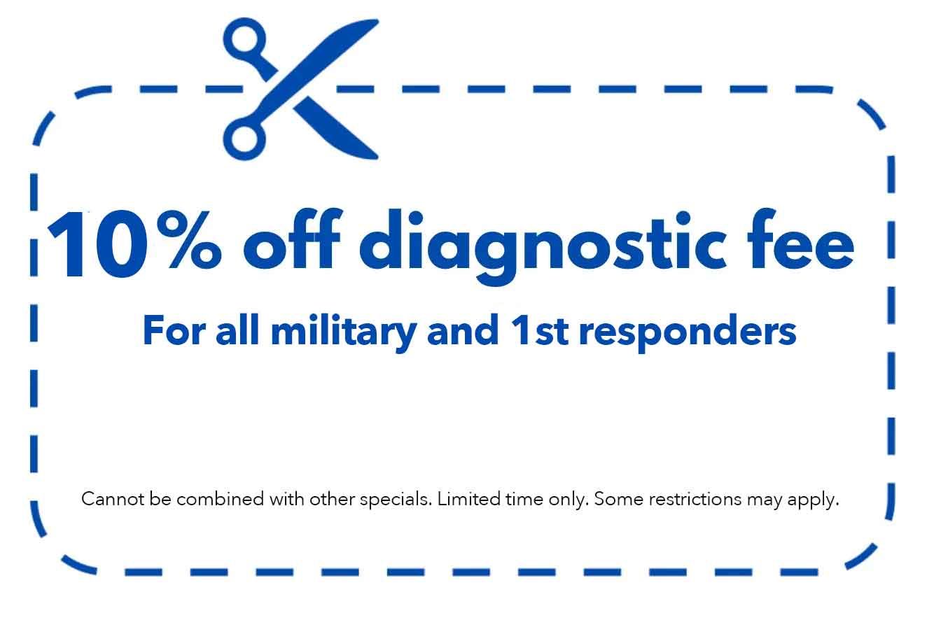 Coupon: 10% off diagnostic fee for military and 1st responders. Scissors graphic.