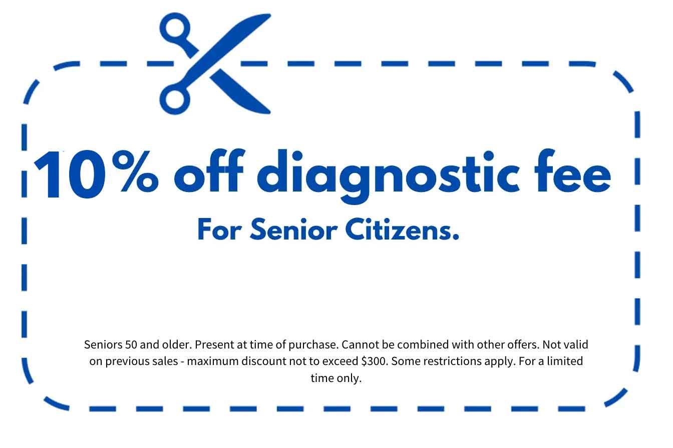 Coupon for senior citizens, offering 10% off diagnostic fees. Dashed blue outline with scissors graphic.