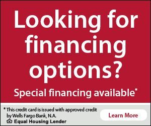 Advertisement for financing options from Wells Fargo. Red background with white text.