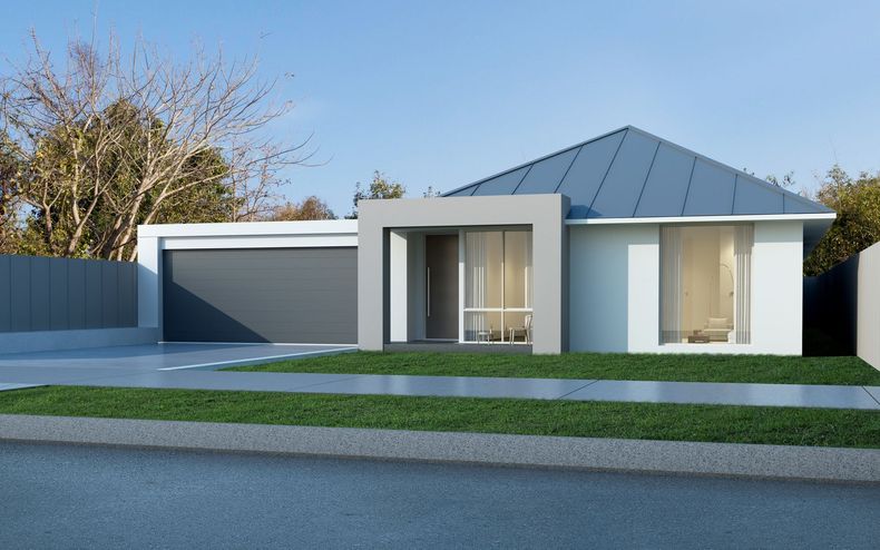 A modern, single-story white house with a gray metal roof, a gray garage door, and large front windows.